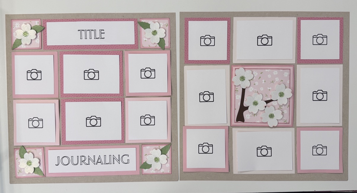 Handmade pink and white floral two-page scrapbook kit