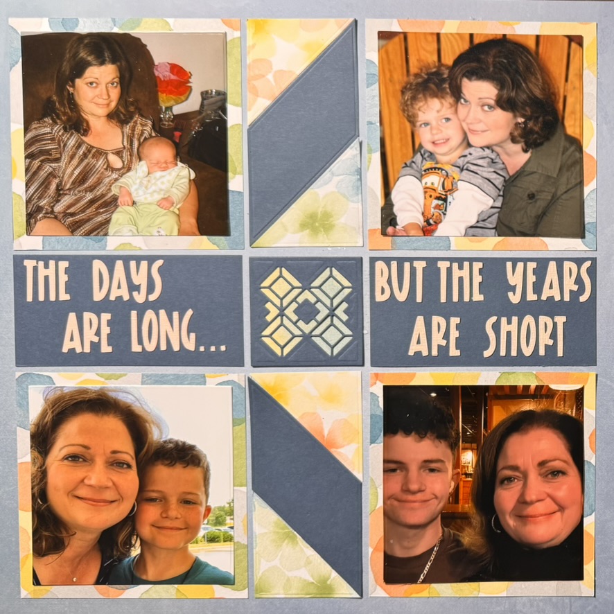 Janie with her son through the years in a finished scrapbook layout